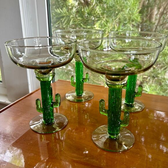 Set of 4 Vintage Green Cactus Stem Margarita Glasses – 7” - Picture 12 of 15